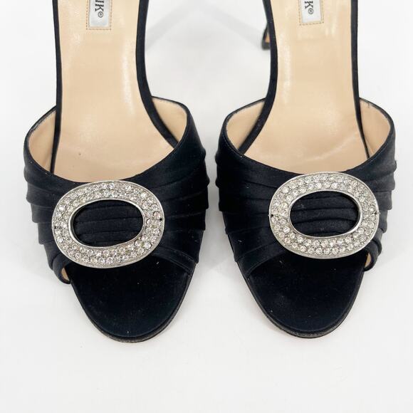 Manolo Blahnik Black Satin Sedaraby Crystal Detail D'Orsay Peep Toe Heels IT 40 - Picture 6 of 13